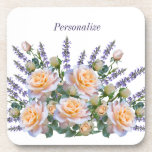 Dessous-de-verre Personalize Romantic Peach Rose Lavender Bouquet<br><div class="desc">Add some romance with a personalized beverage coaster set.  Romantic Peach Roses with Lavender Bouquet.  Personalize with name,  initials,  message,  quote or anything you desire. Perfect for special events,  parties,  or adding a color accent to your home or room decor.</div>
