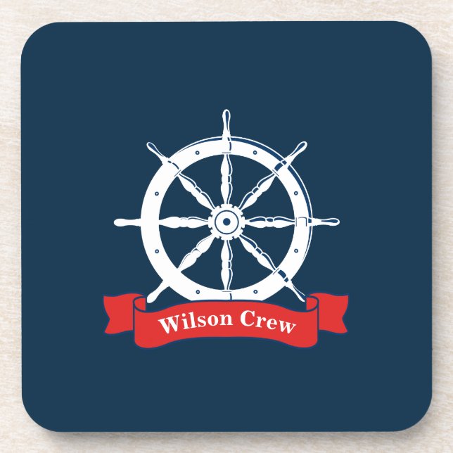 Dessous-de-verre Personalized name, white nautical navy ship wheel, (Devant)