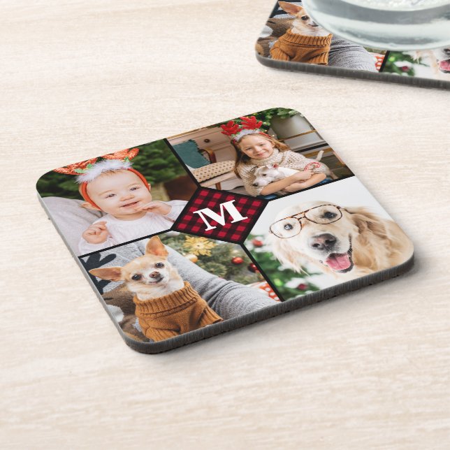 Dessous-de-verre Personnalisé 4 Photo Monogramme Rouge Buffalo Plai (Côté gauche)