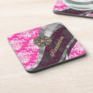 Dessous-de-verre Personnalized pink pretty girly damask