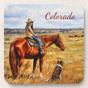 Dessous-de-verre Petite fille sur Cattle Horse Colorado