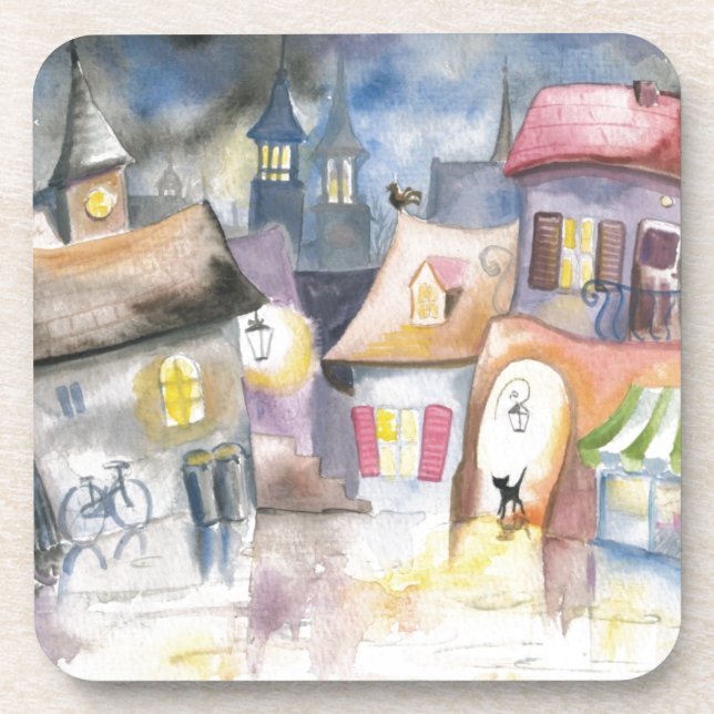 Dessous-de-verre Petite ville la nuit (Devant)