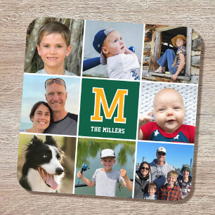 Dessous-de-verre Photo Collage Famille Monogrammé Vert Or