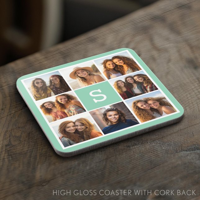 Dessous-de-verre Photo Collage personnalisé Monogramme Mention vert (Custom Photo Collage Coaster)