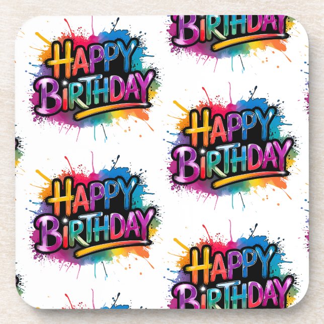 Dessous-de-verre Pink Happy Birthday Graffiti Plastic Coaster (Devant)