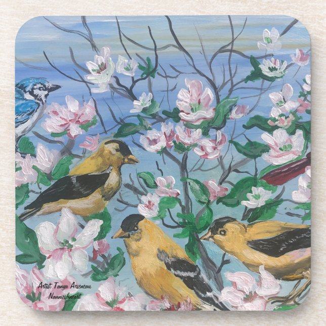 Dessous-de-verre Pinson jaune en fleurs Peinture originale faite à  (Devant)