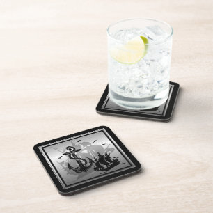 Dessous-de-verre Pirate Ship & Anchor Black Silhouette Coasters 2