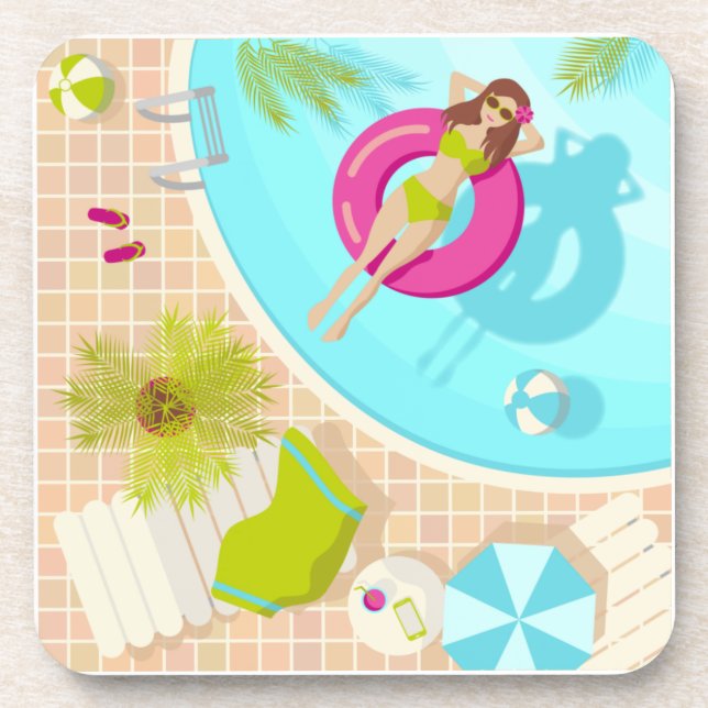 Dessous-de-verre Piscine fille en bikini plage d'été (Devant)