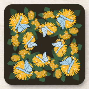Dessous-de-verre Pissenlit jaune stylisé botanique papillons