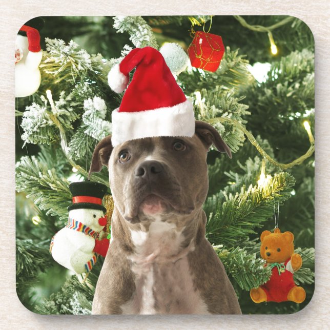 Dessous-de-verre Pitbull Chien Arbre de Noël Ornements Snowman (Devant)
