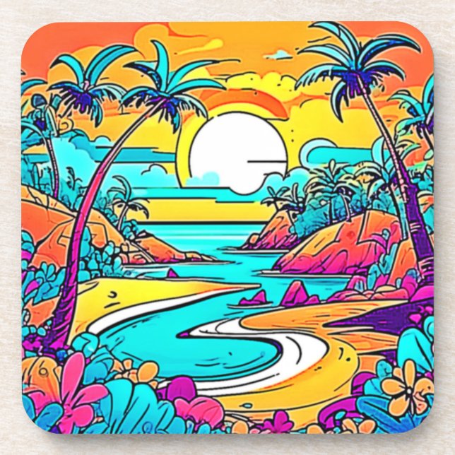 Dessous-de-verre Plage de coucher de soleil tropicale animée (Devant)