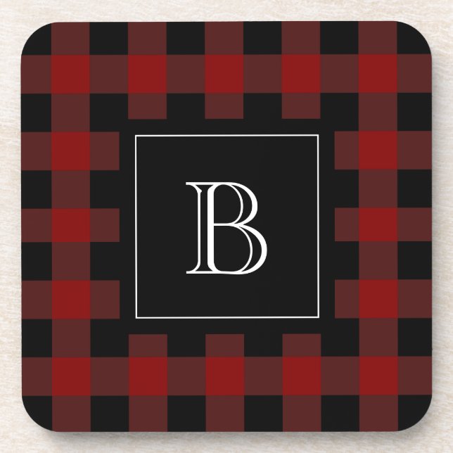 Dessous-de-verre Plaid de Buffalo rustique monogramme initiale roug (Devant)