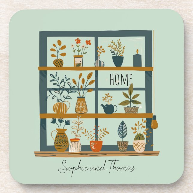 Dessous-de-verre Plante Pot mignon Couple Nom Accueil Sweet Home (Devant)