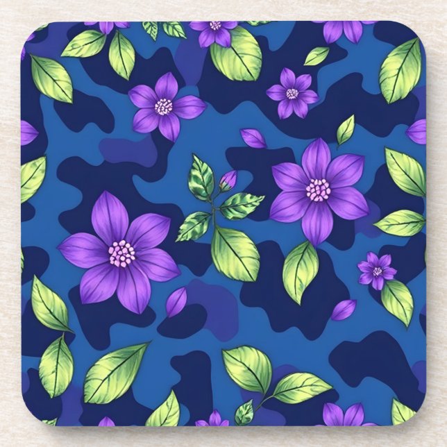 Dessous-de-verre Plastic Metallic Blue Purple Flowers Camo Coaster  (Devant)