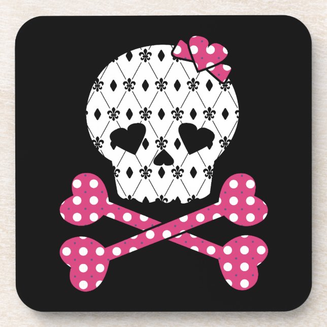 Dessous-de-verre Point de polka rose de Fleur-De-lis de crâne et (Devant)