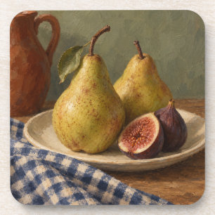 Dessous-de-verre Poires dorées Figues et Gingham Indigo Nature mort