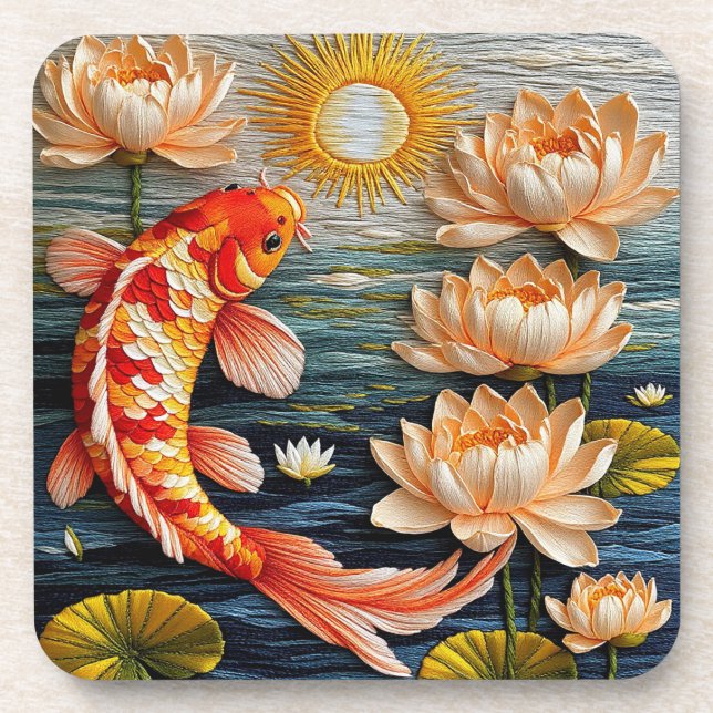 Dessous-de-verre Poisson Koi entouré de fleurs de Lotus (Devant)