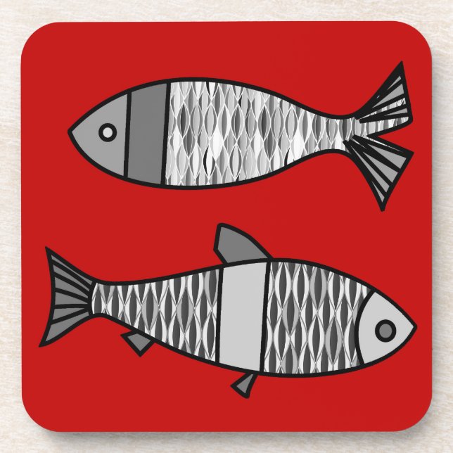 Dessous-de-verre Poisson moderne rétro, rouge profond et gris / gri (Devant)