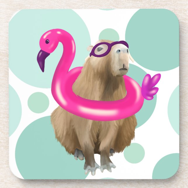 Dessous-de-verre Pool Party Cute Capybara Avec Flotte Flamant rose  (Devant)