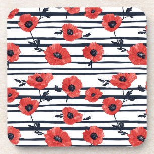 Dessous-de-verre Poppies rouges avec Feuilles bleus et Motif rayé 3