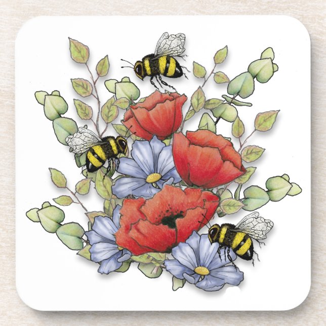 Dessous-de-verre Poppy Flowers and Bees Digital Drawing, Botanical  (Devant)