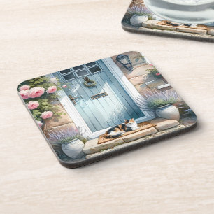 Dessous-de-verre Porche Floral Cottagecore avec Chat Calico