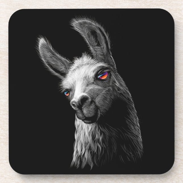 Dessous-de-verre Portrait Head Cute Llama sur Arrière - plan noir (Devant)