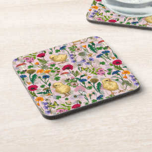 Dessous-de-verre Poulets et fleurs sauvages sur coton bonbon rose