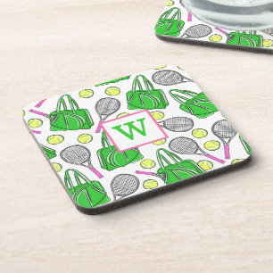 Dessous-de-verre Préppy Green Pink Tennis Racquet Balls Initiale