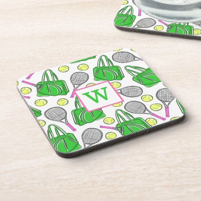 Dessous-de-verre Préppy Green Pink Tennis Racquet Balls Initiale (Côté gauche)