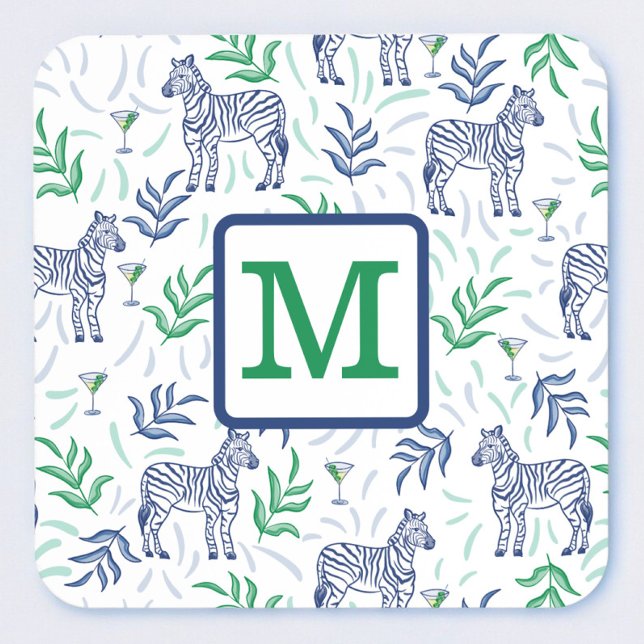 Dessous-de-verre Preppy White Zebra Martinis Green Monogramme (Créateur téléchargé)