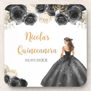 Dessous-de-verre Princesse Florale en Robe Noire Quinceanera