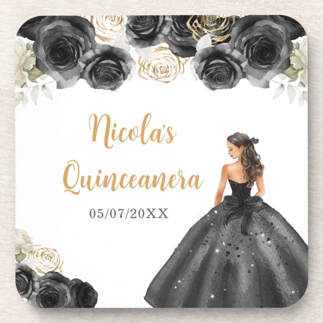 Dessous-de-verre Princesse Florale en Robe Noire Quinceanera (Devant)