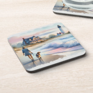 Dessous-de-verre Promenade côtière jusqu'au phare au coucher du sol