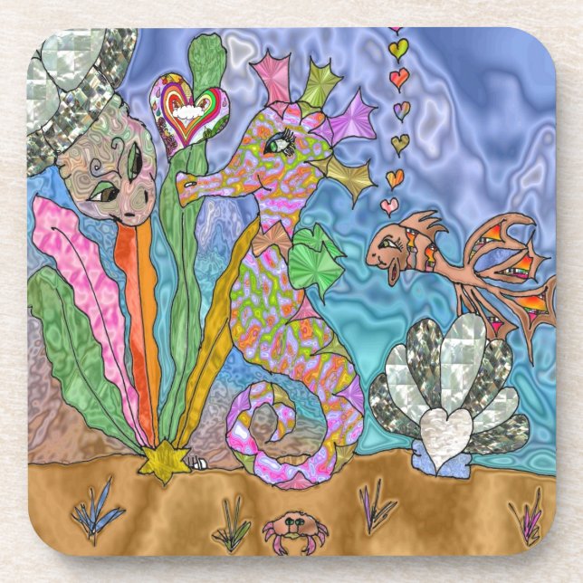 Dessous-de-verre Psychedelic Seahorse Sea Turtle Art (Devant)