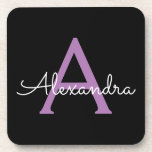 Dessous-de-verre Purple Black Script Girl Nom du monogramme<br><div class="desc">Dessous de verre en papier noir et violet simple Script Monogramme Nom. Cela fait le cadeau parfait de remise de diplômes,  anniversaire,  mariage,  douche nuptiale,  anniversaire,  baby shower ou bachelorette pour quelqu'un qui aime le luxe glam et les styles chic.</div>
