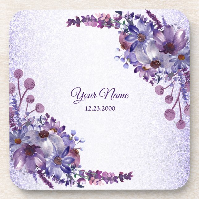 Dessous-de-verre Purple Blue Pink Floral Glitter Wedding Party (Devant)