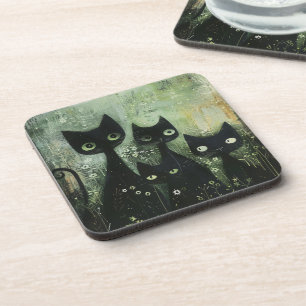 Dessous-de-verre Quatre chats noirs avec des marguerites sur gris m
