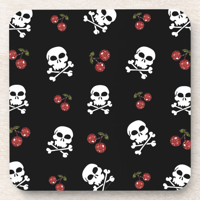 Dessous-de-verre RAB Rockabilly Skuls et Cerises sur Noir (Devant)