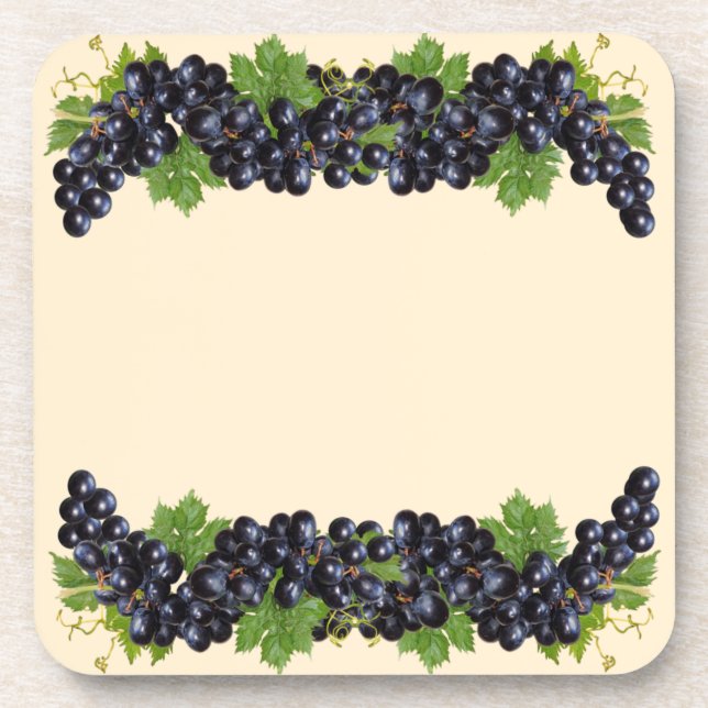 Dessous-de-verre Raisins bleu violet avec Feuilles verts sur beige (Devant)