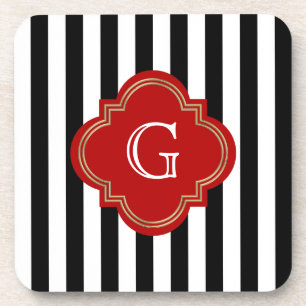 Dessous-de-verre Rayures blanches noires, monogramme rouge