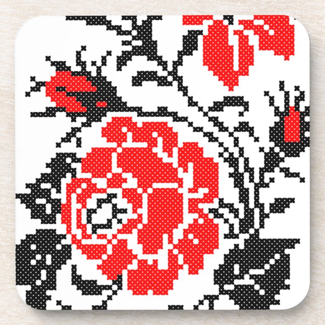 Dessous-de-verre Red & Black Rose cross-stitch Russian Pattern (Devant)
