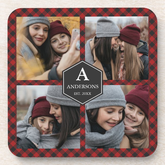 Dessous-de-verre Red Buffalo Plaid Lumberjack Family Photo Collage (Devant)