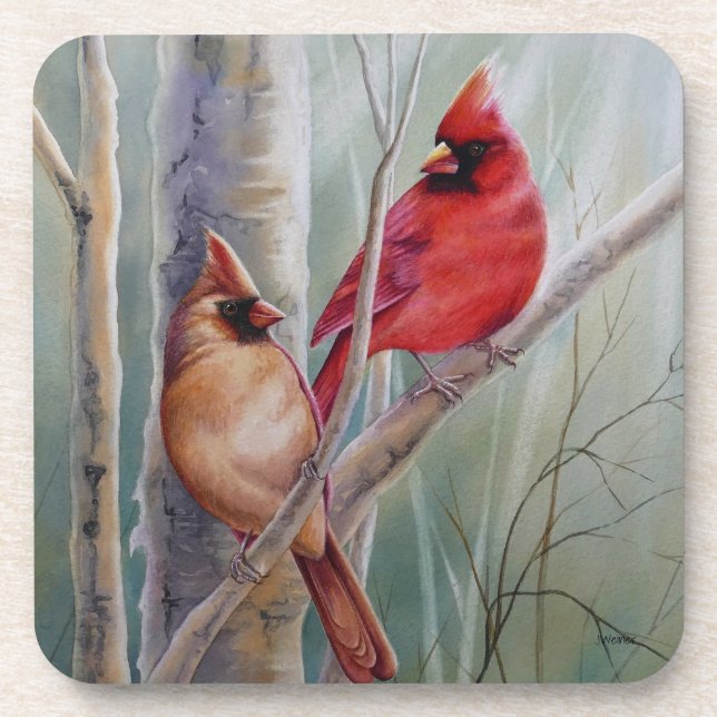 Dessous-de-verre Red Northern Cardinal Bird Pair Aquarelle Art (Devant)