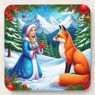 Dessous-de-verre Renard et jeune fille des neiges dans une scène de