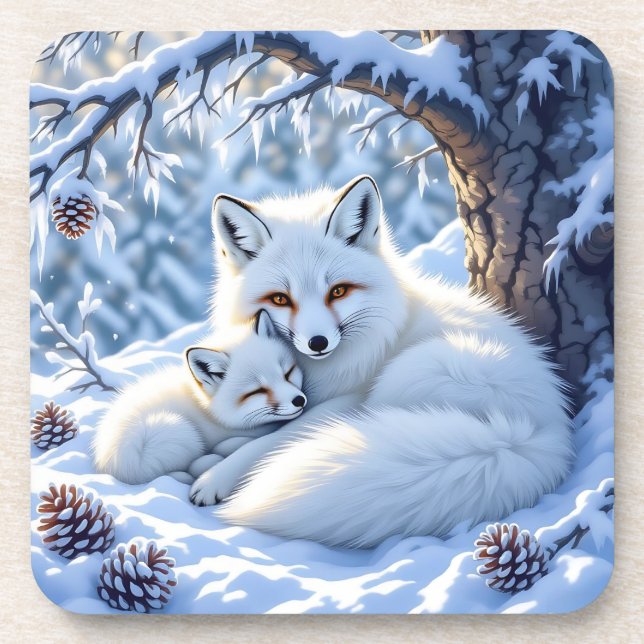 Dessous-de-verre Renards Blancs Douce dans la Neige (Devant)