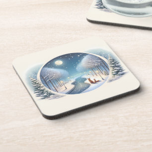 Dessous-de-verre Renards d'hiver au bord d'une rivière enneigée écl