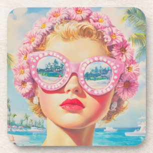 Dessous-de-verre Retro Beach Girl avec lunettes de soleil florales