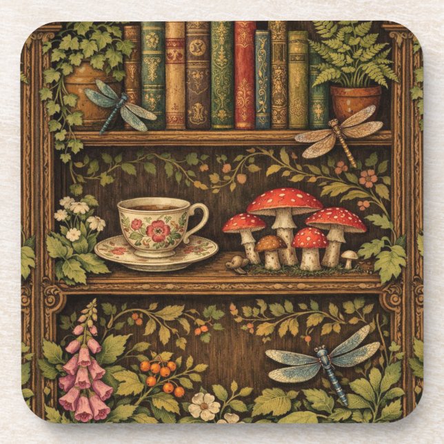 Dessous-de-verre Retro book shelf mushrooms coffee floral  (Devant)