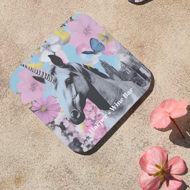 Dessous-de-verre Retro Coquette Pink et Blue Unicorn Collage (Créateur téléchargé)
